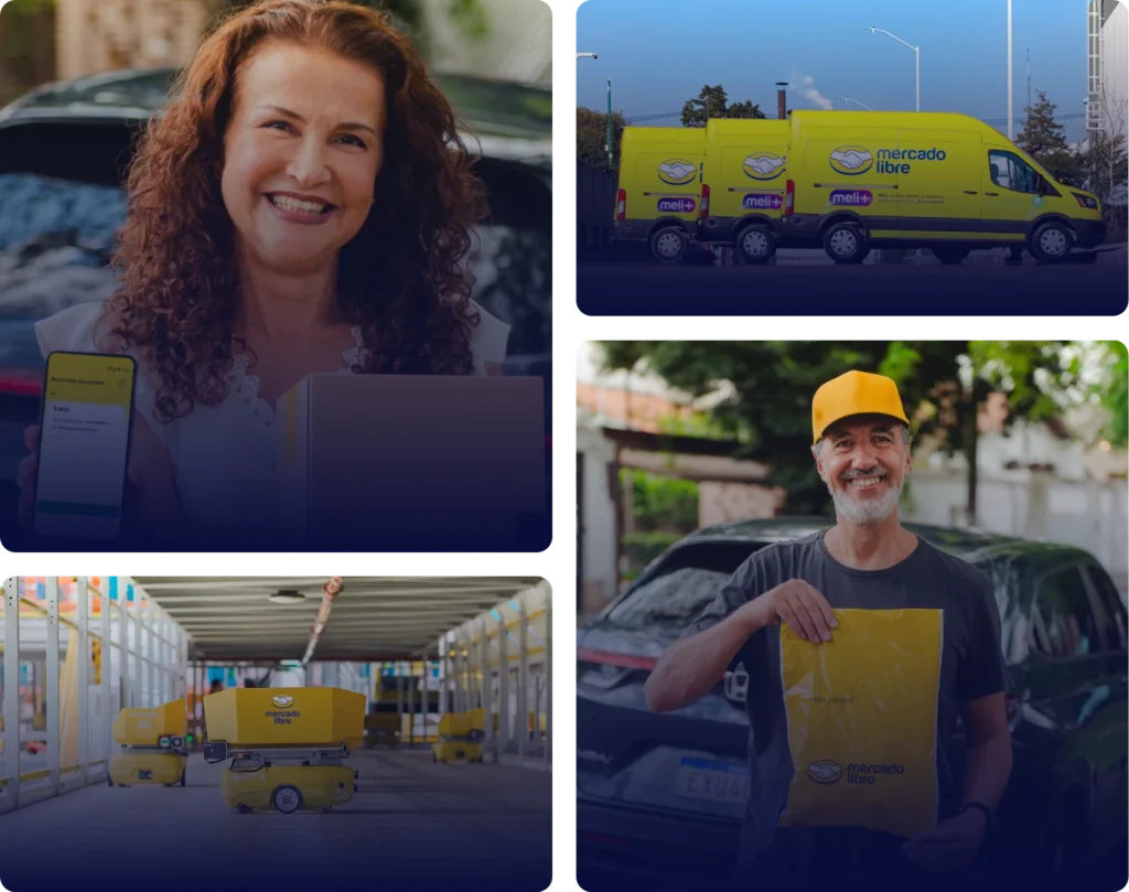 Collage de proceso de entrega de paquetes, desde la logistica hasta la entrega 