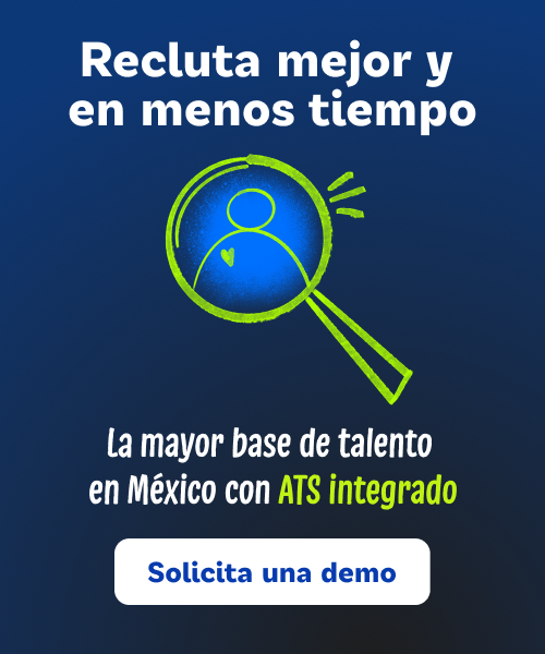 Texto: Recluta mejor y en menos tiempo La mejor base de talento en México con ATS integrado Solicita una demo. Es la imagen de una lupa indicando a un candidato en doodle